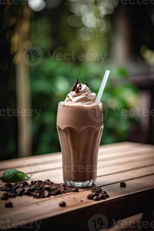 chocola milkshake met ijs room en met geslagen room, heemst, zoet popcorn, koekjes, wafels, geserveerd in glas metselaar kan. generatief ai. foto