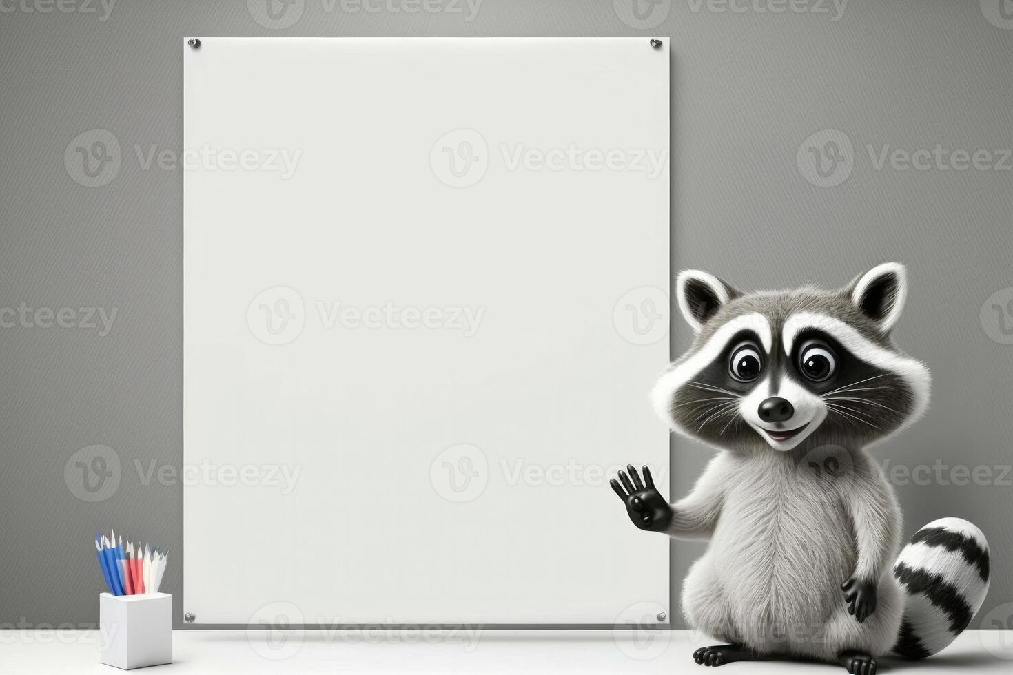 ai gegenereerd 3d schattig wasbeer tekenfilm staand naast blanco whiteboard. foto