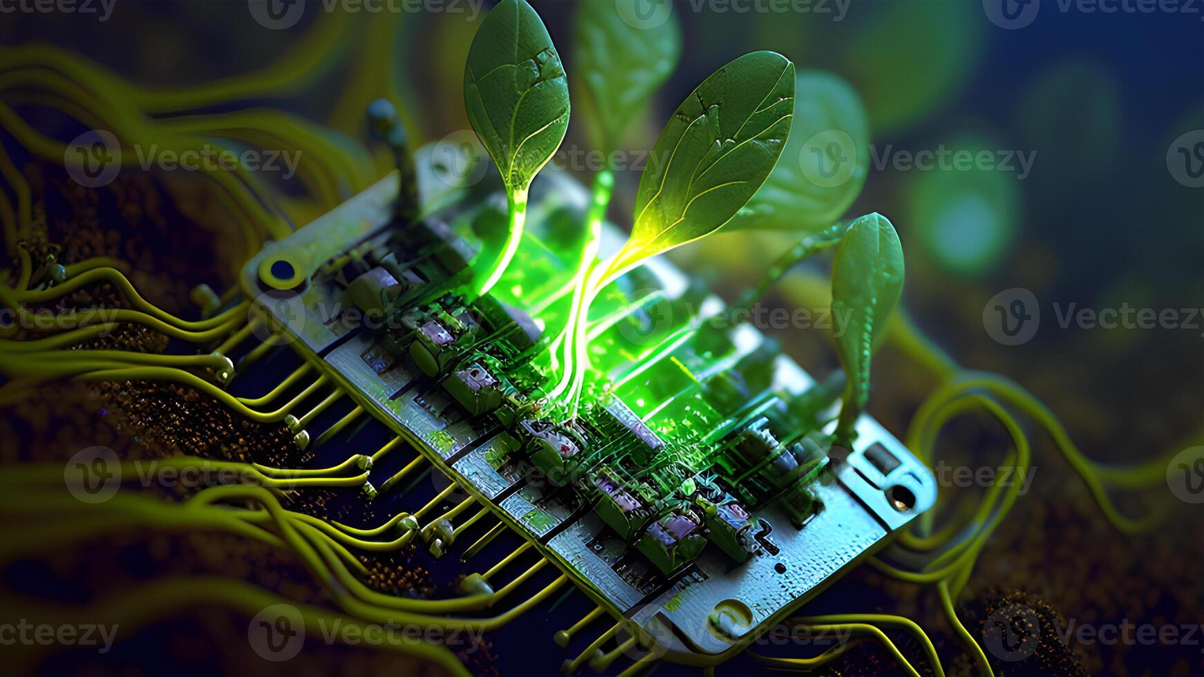 een schattig klein groen spruit groeit van een elektronisch stroomkring bord. generatief ai. foto