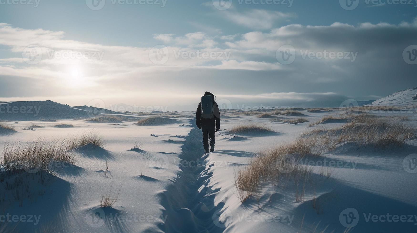 wandelaar met rugzak wandelen Aan besneeuwd spoor in winter bergen. reizen en avontuur concept.winter landschap foto