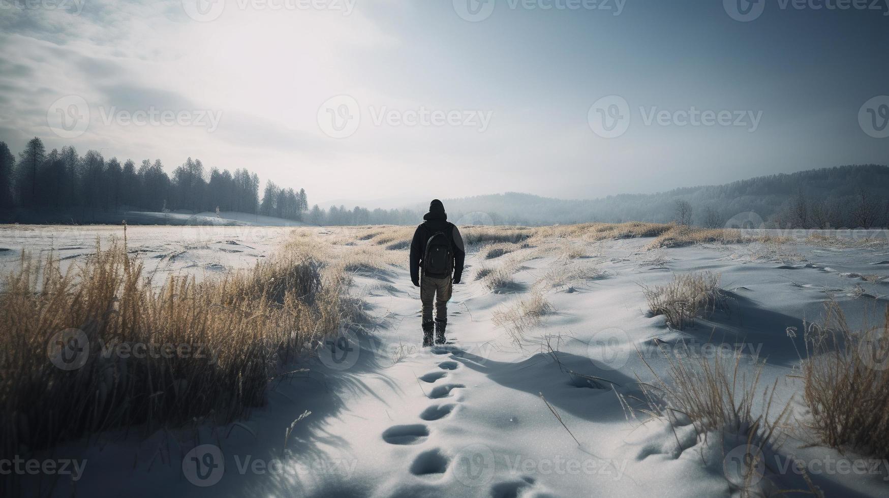 wandelaar met rugzak wandelen Aan besneeuwd spoor in winter bergen. reizen en avontuur concept.winter landschap foto