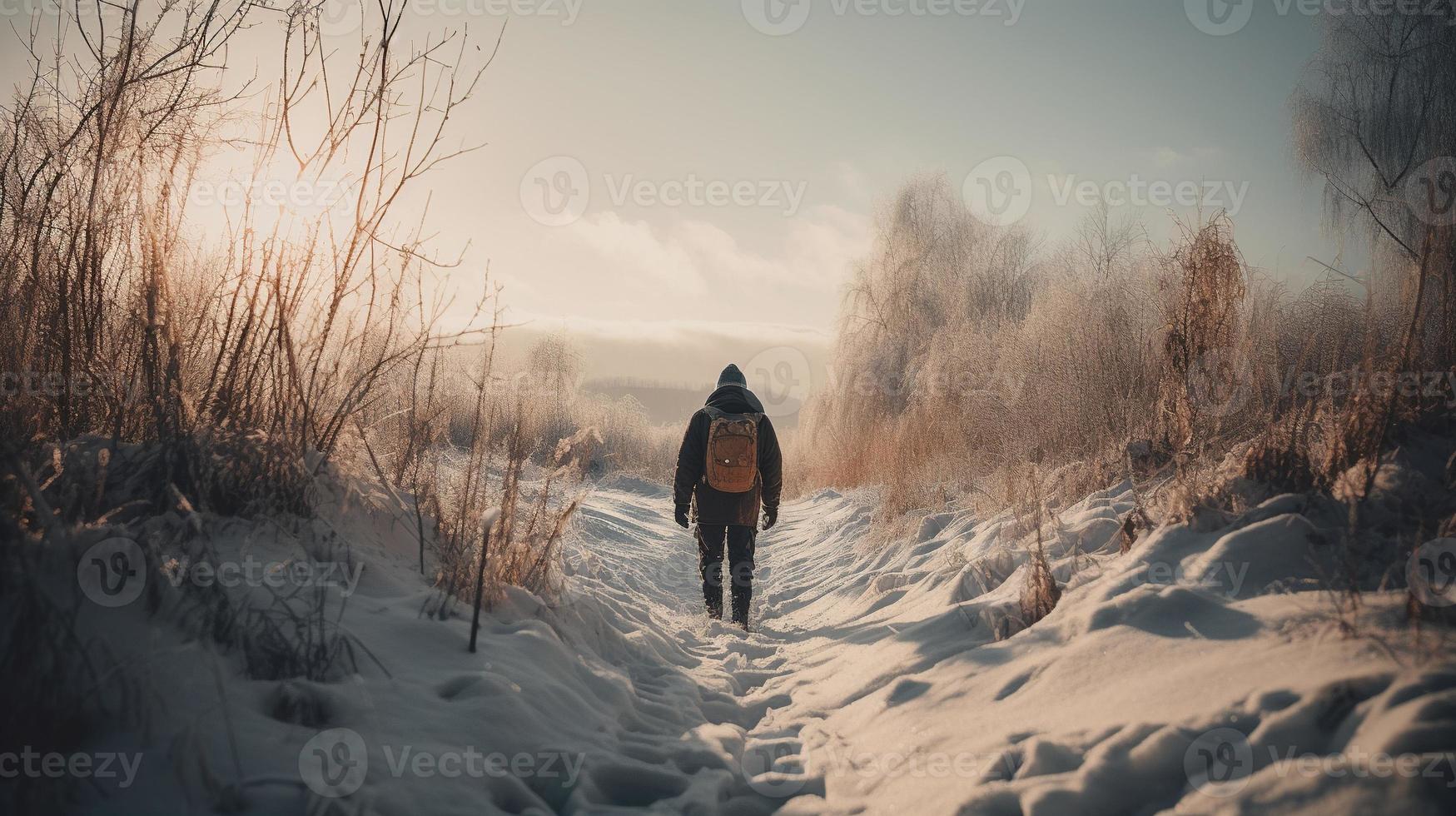 wandelaar met rugzak wandelen Aan besneeuwd spoor in winter bergen. reizen en avontuur concept.winter landschap foto