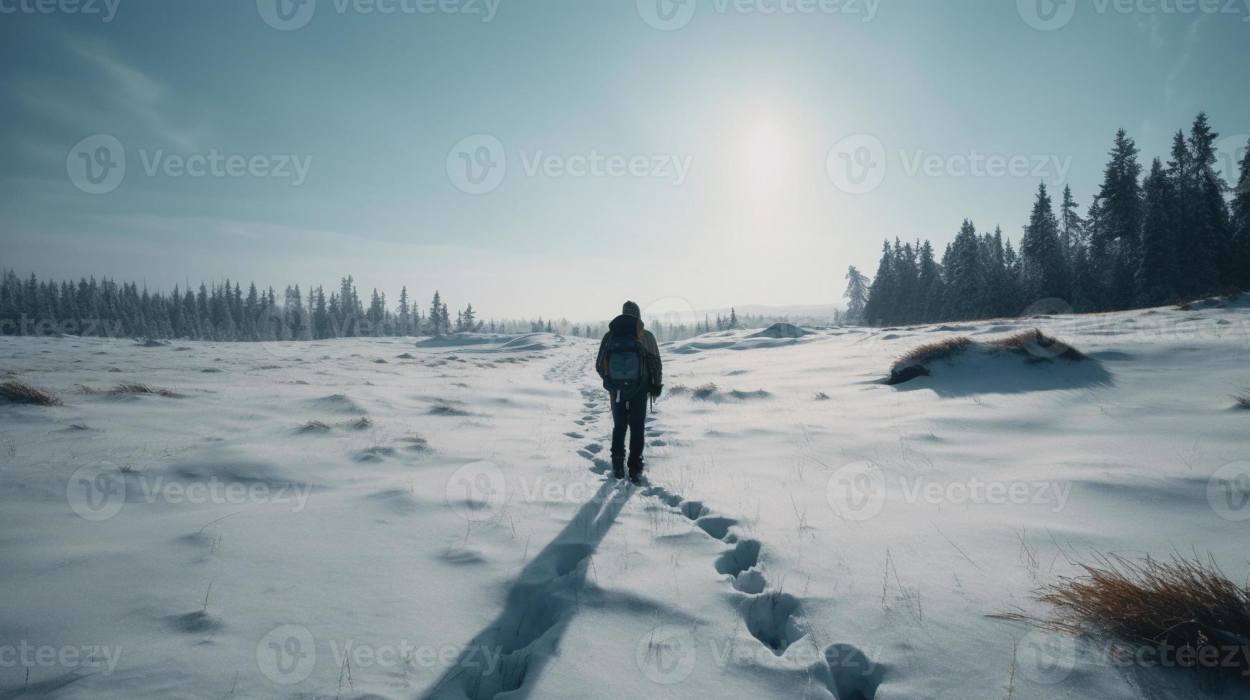 wandelaar met rugzak wandelen Aan besneeuwd spoor in winter bergen. reizen en avontuur concept.winter landschap foto