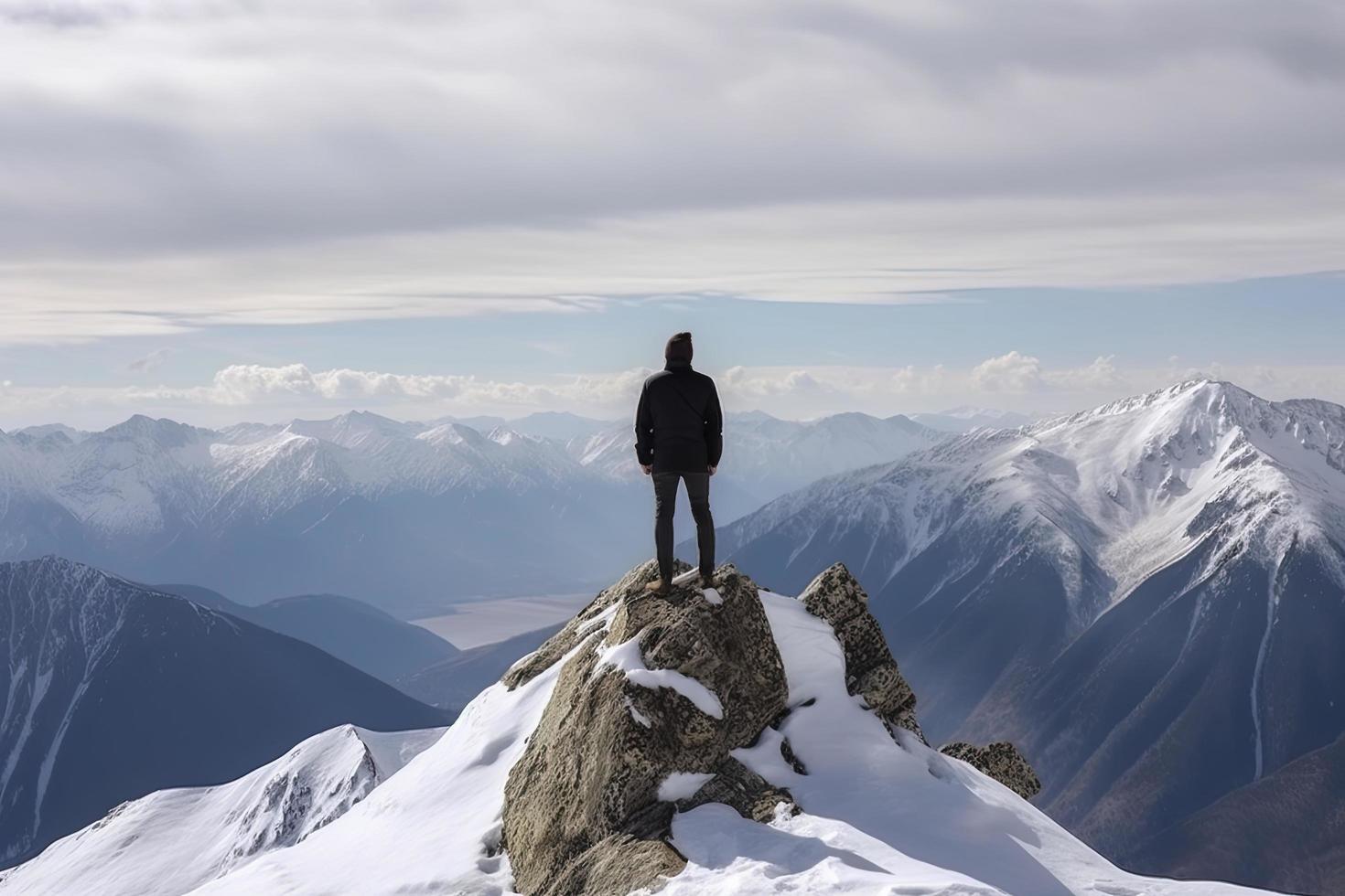 Mens staand Aan de top van een besneeuwd berg piek. panoramisch visie foto