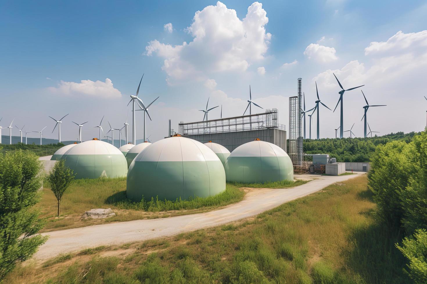 groen waterstof hernieuwbaar energie productie faciliteit - groen waterstof gas- voor schoon elektriciteit zonne- en windturbine faciliteit foto