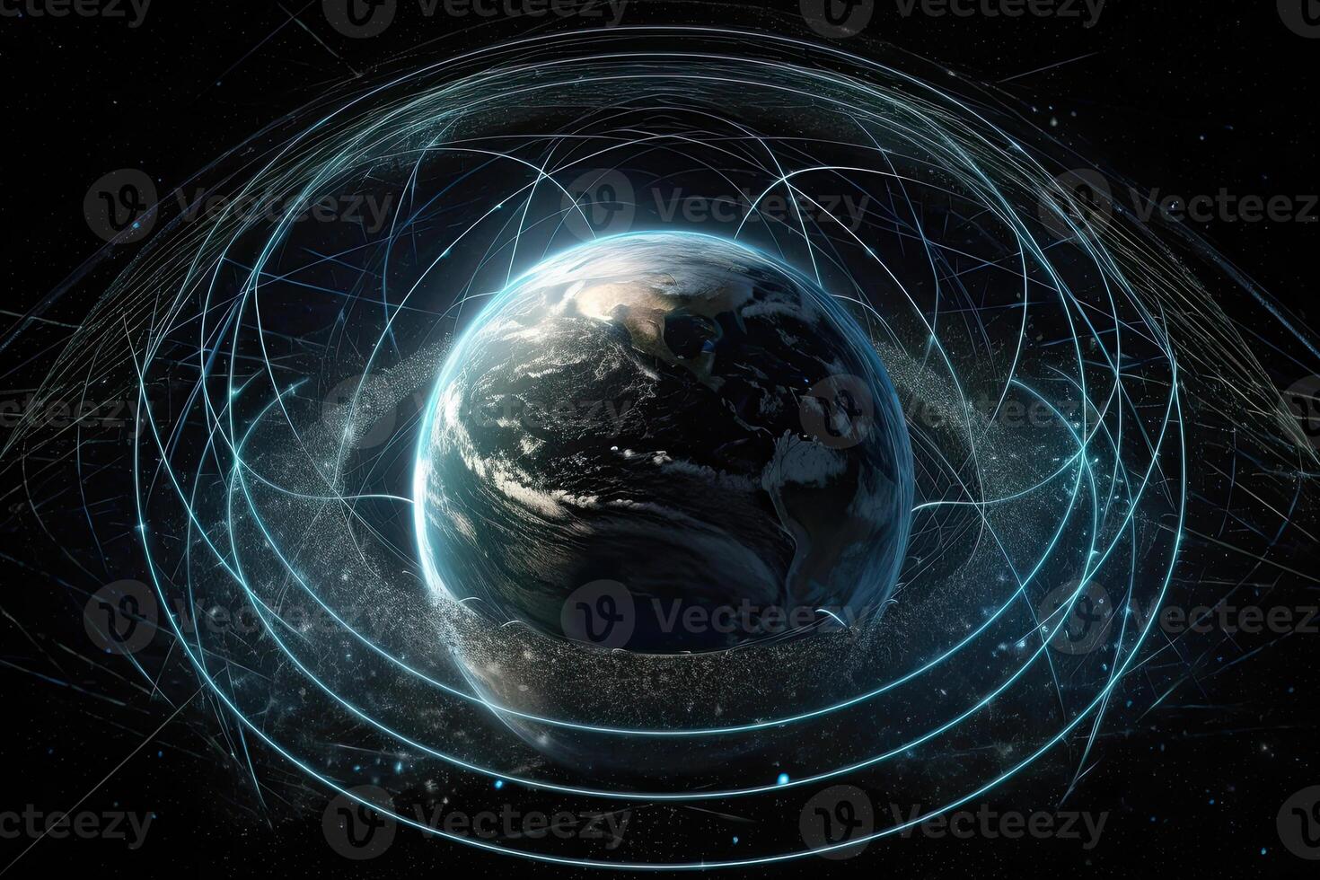 visie van ruimte Aan planeet aarde met satellieten banen in de omgeving van het. visualisatie van digitaal verbindingen lijnen Bij planeet. gemaakt met generatief ai foto