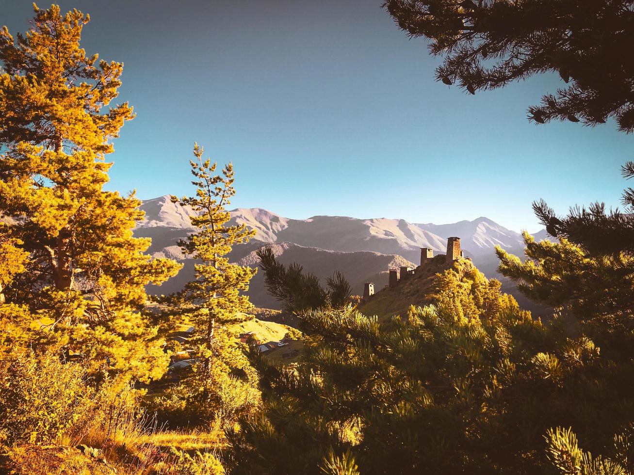 Tushetian torens omhoog heuvel in Upper Omalo, Tusheti Georgië foto