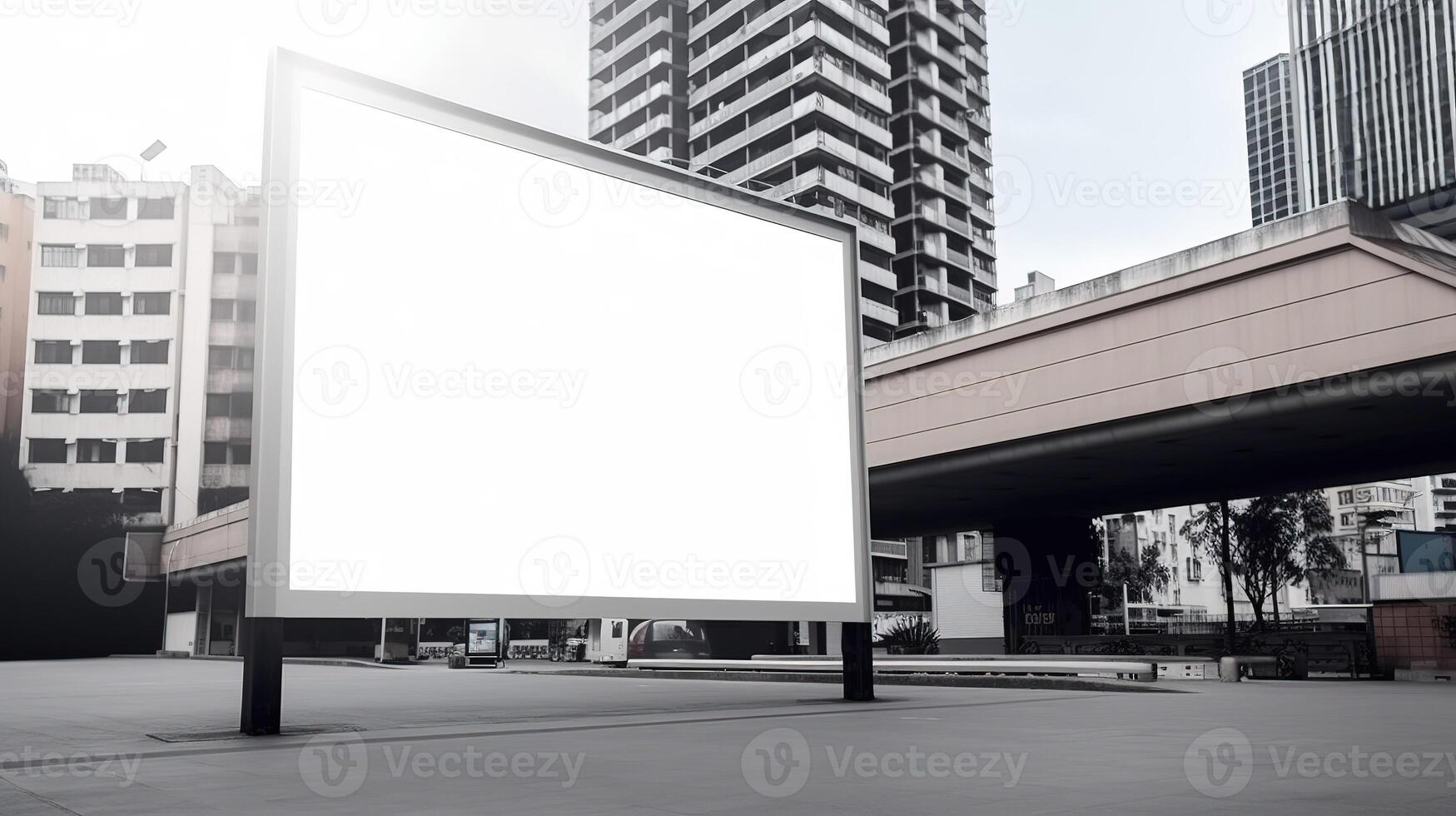 generatief ai, realistisch straat groot aanplakbord bespotten omhoog blanco voor presentatie reclame. buitenshuis teken blanco in de futuristische stad, bedrijf concept foto