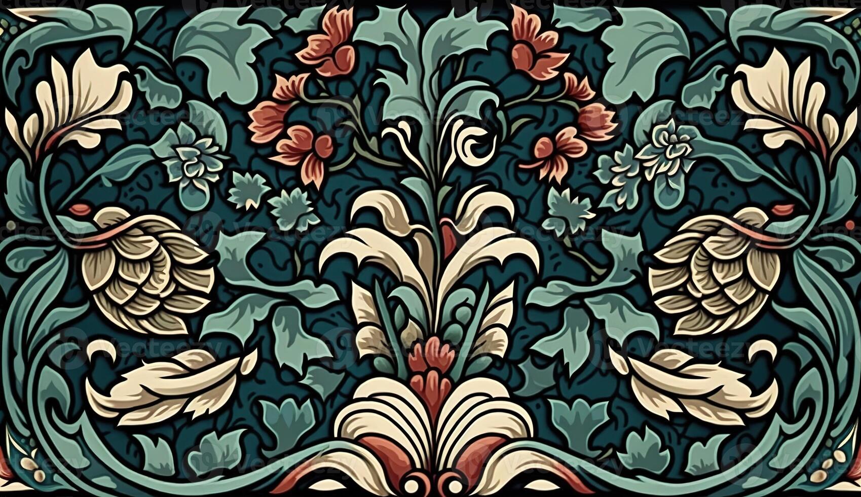 generatief ai, bloemen kleurrijk patroon. William morris geïnspireerd natuurlijk planten en bloemen achtergrond, wijnoogst illustratie. volk stijl foto