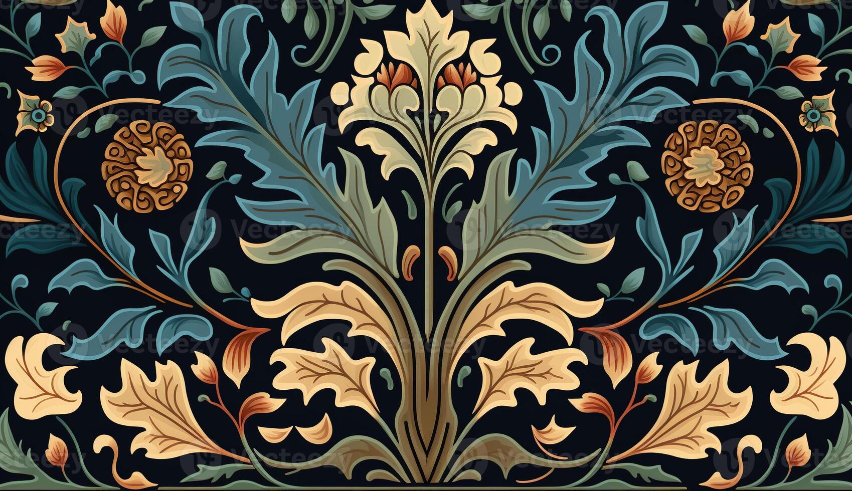 generatief ai, bloemen kleurrijk patroon. William morris geïnspireerd natuurlijk planten en bloemen achtergrond, wijnoogst illustratie. volk stijl foto