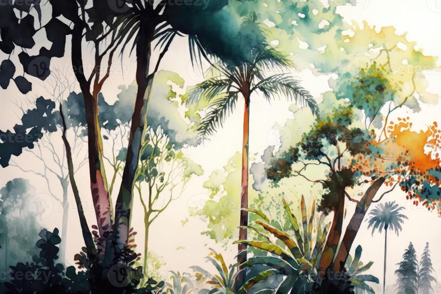 hoog tropisch bomen waterverf schilderen. ai gegenereerd foto