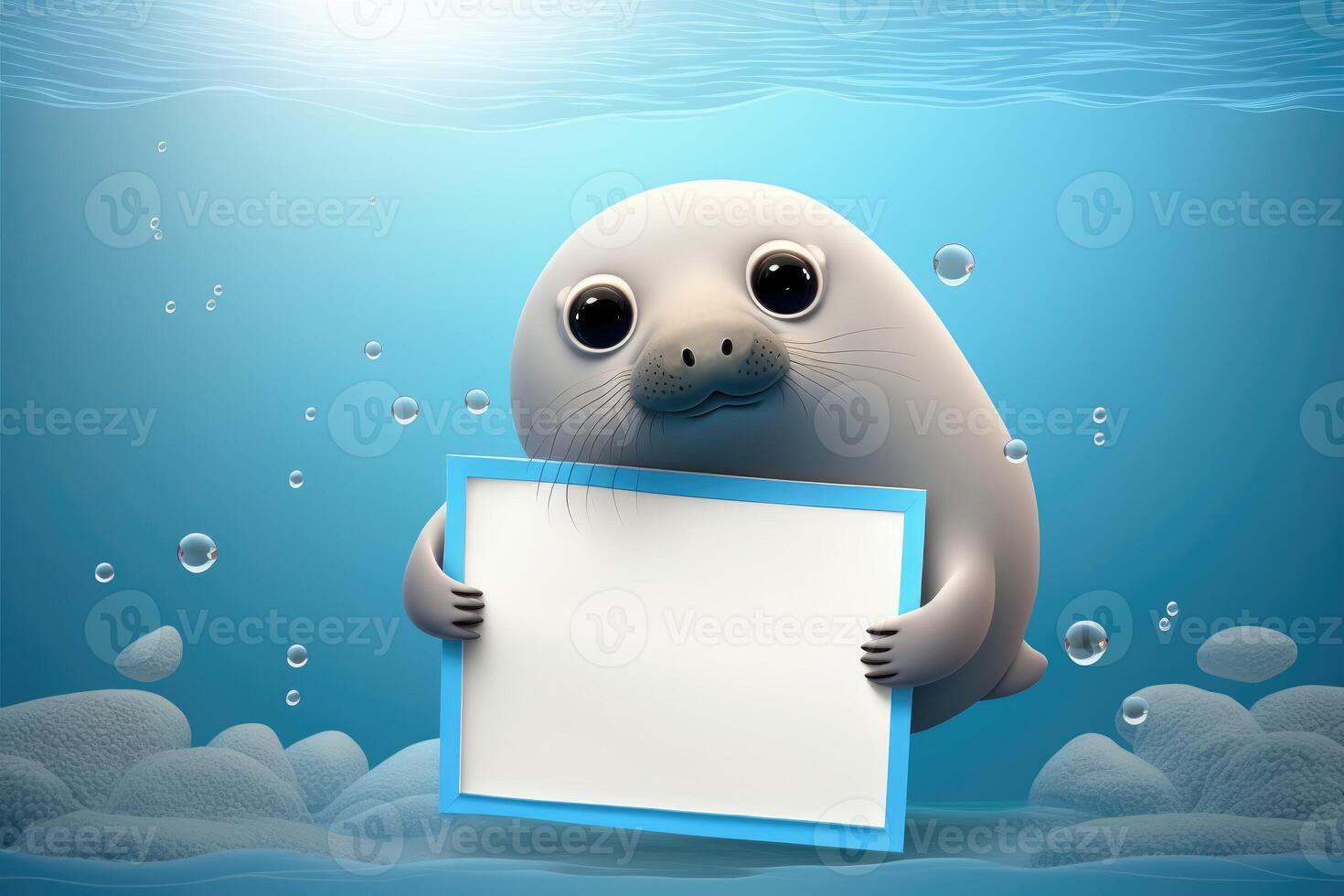 ai gegenereerd 3d schattig zegel tekenfilm Holding blanco whiteboard in de oceaan. foto