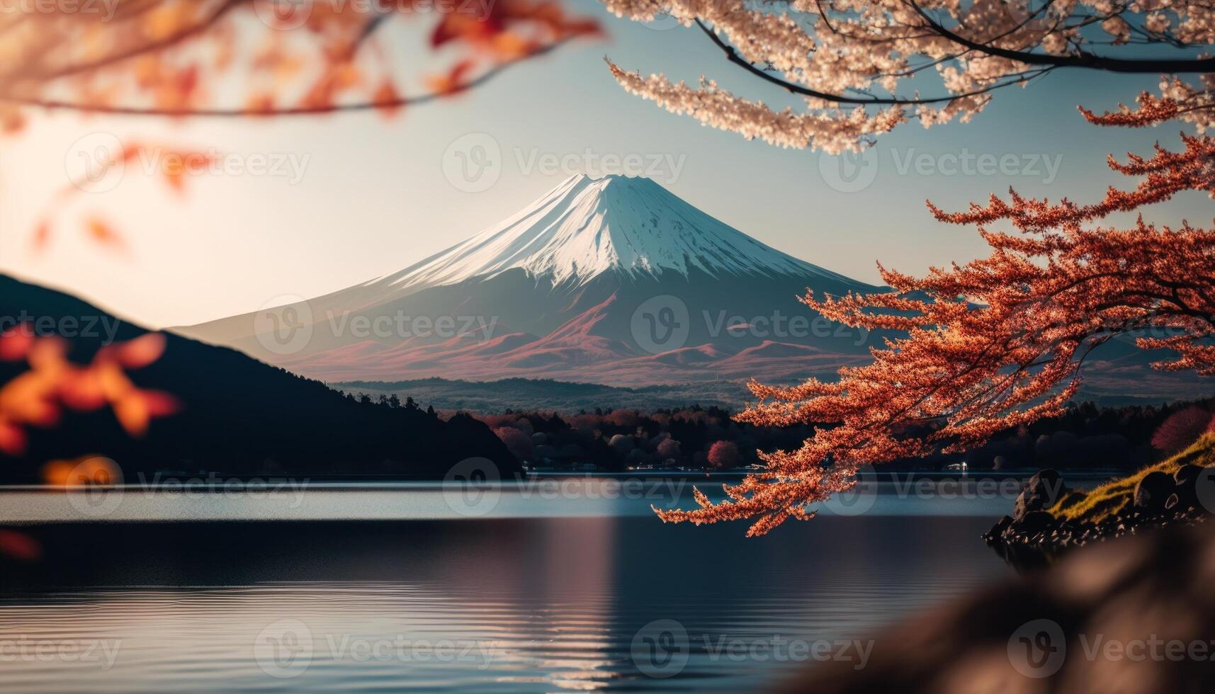 visie van monteren fuji met kers bloesem, en bloemen Bij de meer in Japan. monteren fuji met kers bloesem, bloemen Bij de meer in Japan fuji berg Bij gezichtspunt. generatief ai foto