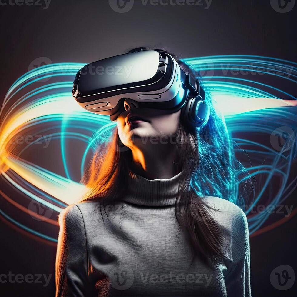 vrouw vervelend virtueel realiteit stofbril staand in virtueel wereld achtergrond. concept van virtueel realiteit technologie. niet bestaand persoon. generatief ai foto