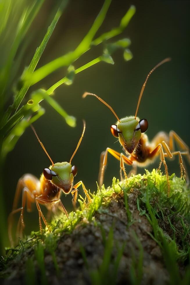 illustratie van een rood wever mier dier Aan groen gras, gemaakt door generatief ai technologie foto