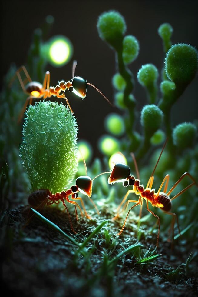 illustratie van een rood wever mier dier Aan groen gras, gemaakt door generatief ai technologie foto