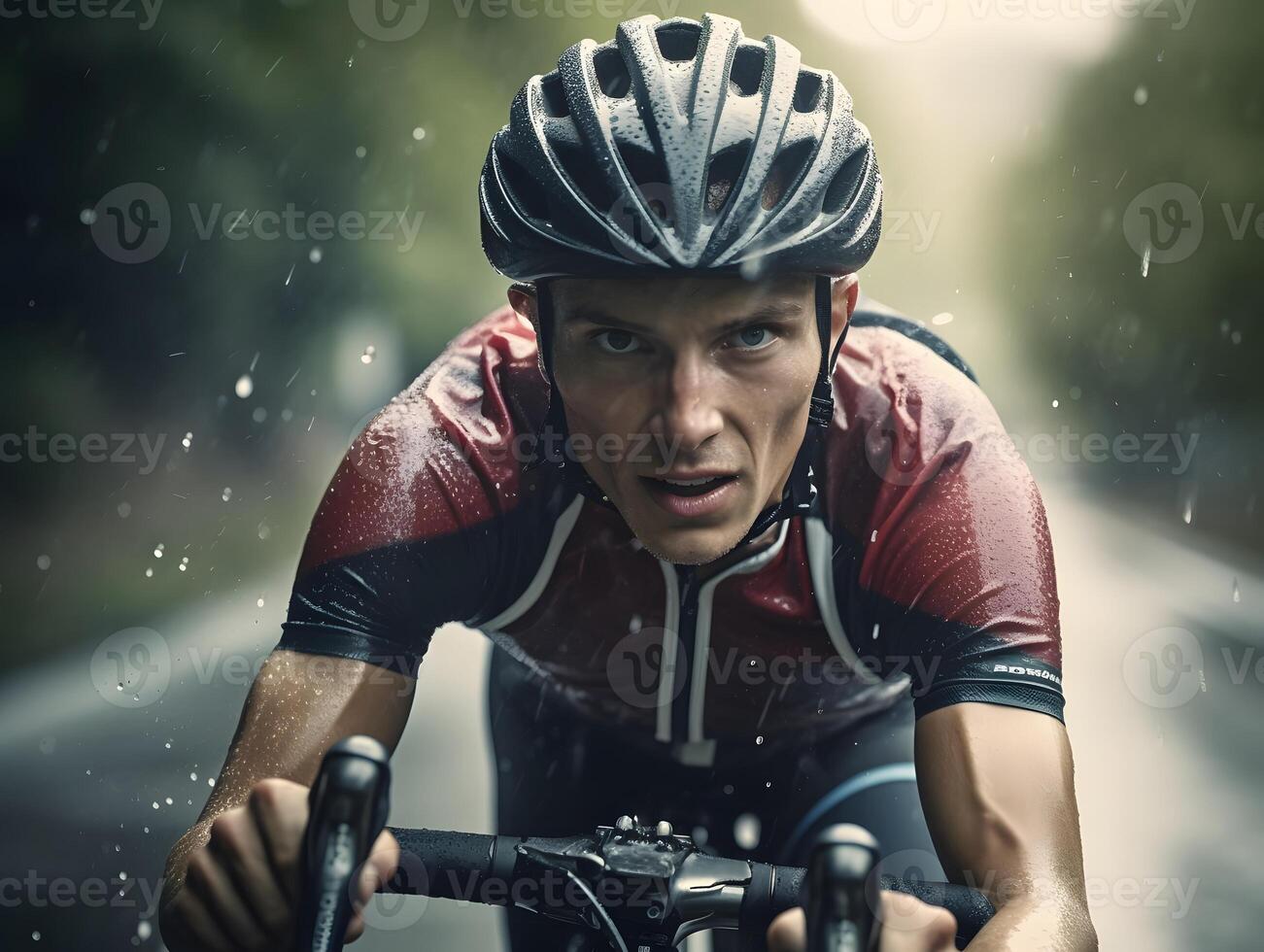 dichtbij omhoog gezicht van een fietser, rijden in een nat Jersey in de regenen, ai gegenereerd foto