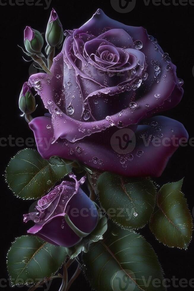 licht Purper kleur bundel van mooi roos Aan zwart achtergrond generatief ai foto