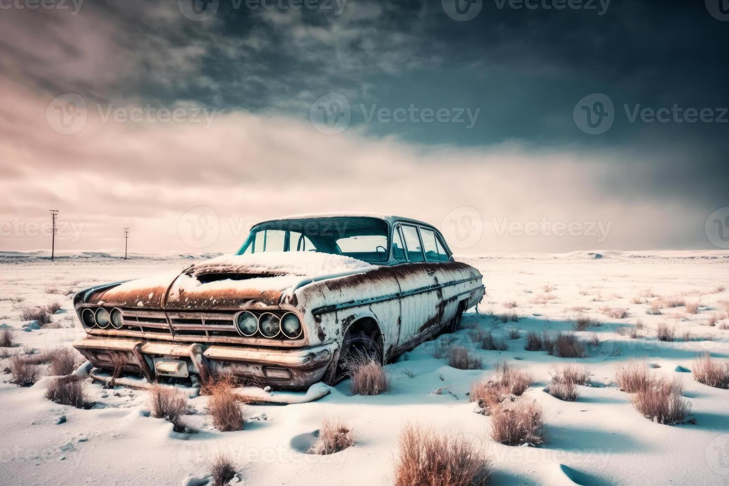 een oud verroest uit auto in een besneeuwd veld- een voorraad foto generatief ai