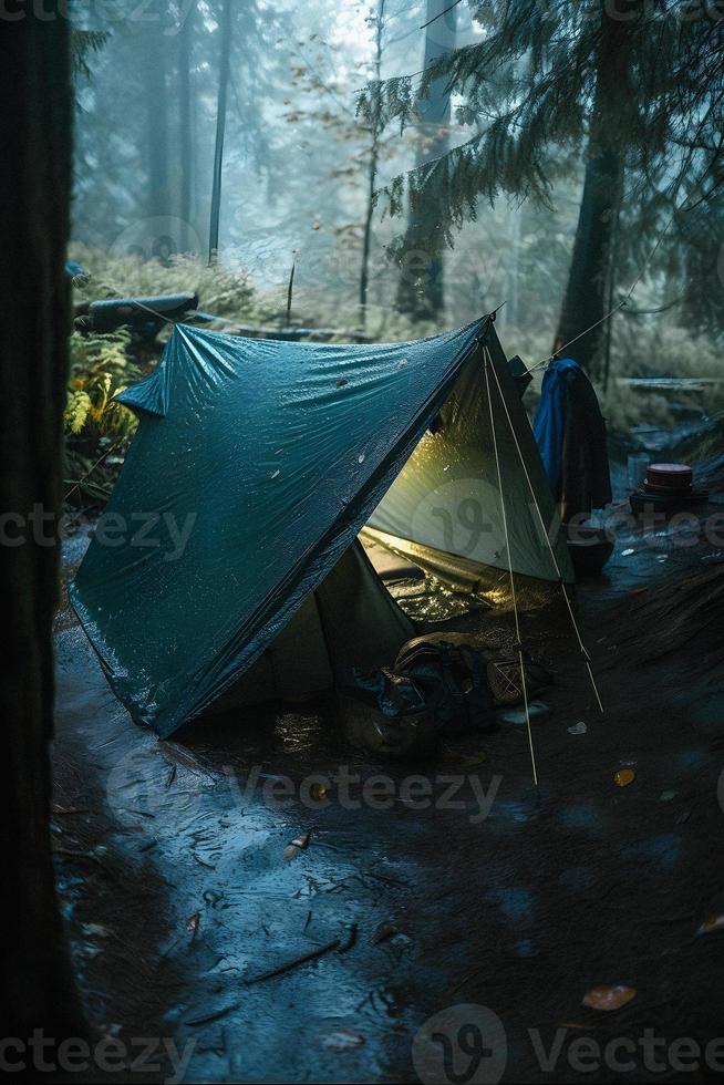 wildernis overleving. bushcraft tent onder de zeildoek in zwaar regenen, omarmen de kilte van ochtendgloren. een tafereel van uithoudingsvermogen en veerkracht foto