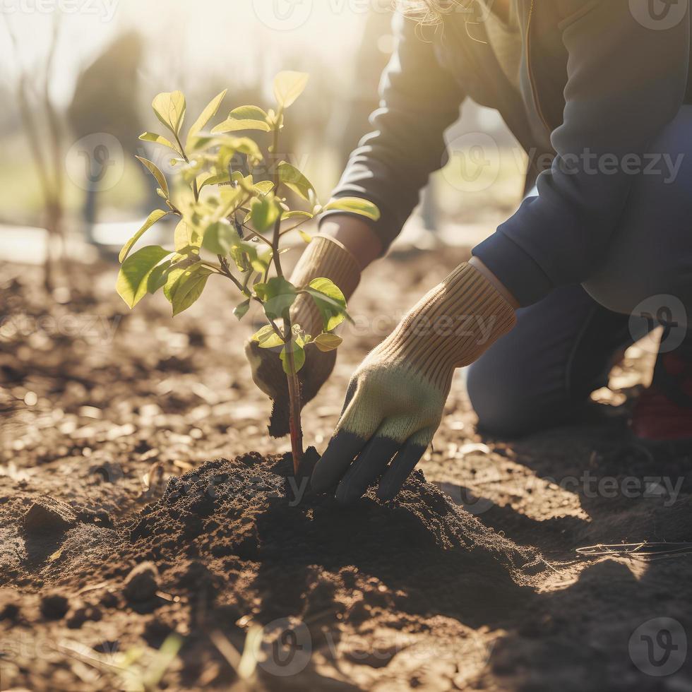 aanplant bomen voor een duurzame toekomst. gemeenschap tuin en milieu behoud - bevorderen leefgebied restauratie en gemeenschap verloving Aan aarde dag foto