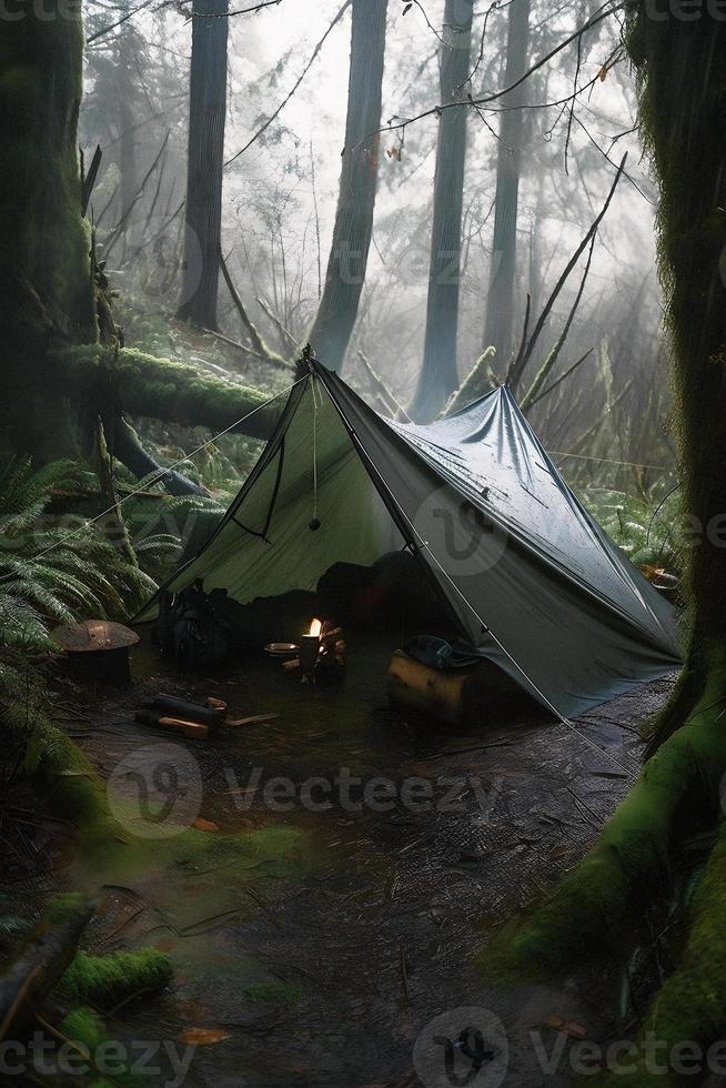 wildernis overleving. bushcraft tent onder de zeildoek in zwaar regenen, omarmen de kilte van ochtendgloren. een tafereel van uithoudingsvermogen en veerkracht foto