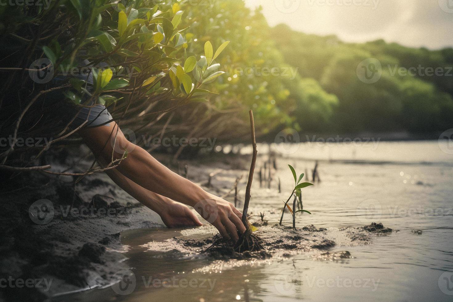 herstellen de kustlijn gemeenschap verloving in aanplant mangroven voor milieu behoud en leefgebied restauratie Aan aarde dag, bevorderen duurzaamheid. aarde dag foto