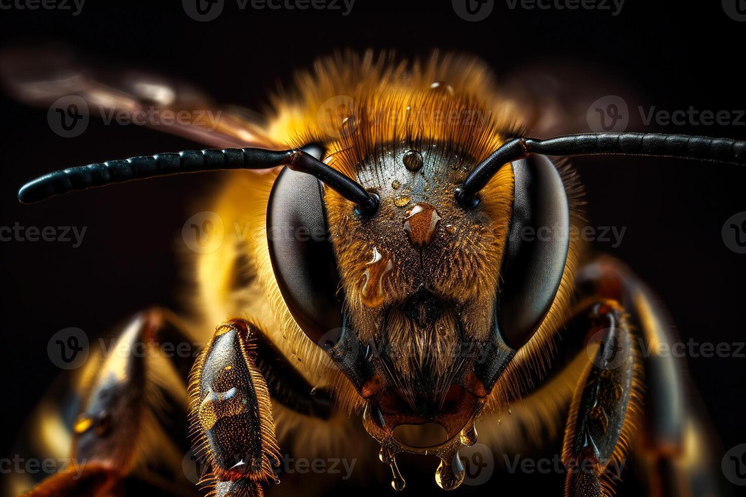 heel dichtbij en gedetailleerd macro portret van een bij gedekt in nectar en honing tegen een donker achtergrond. ai gegenereerd foto