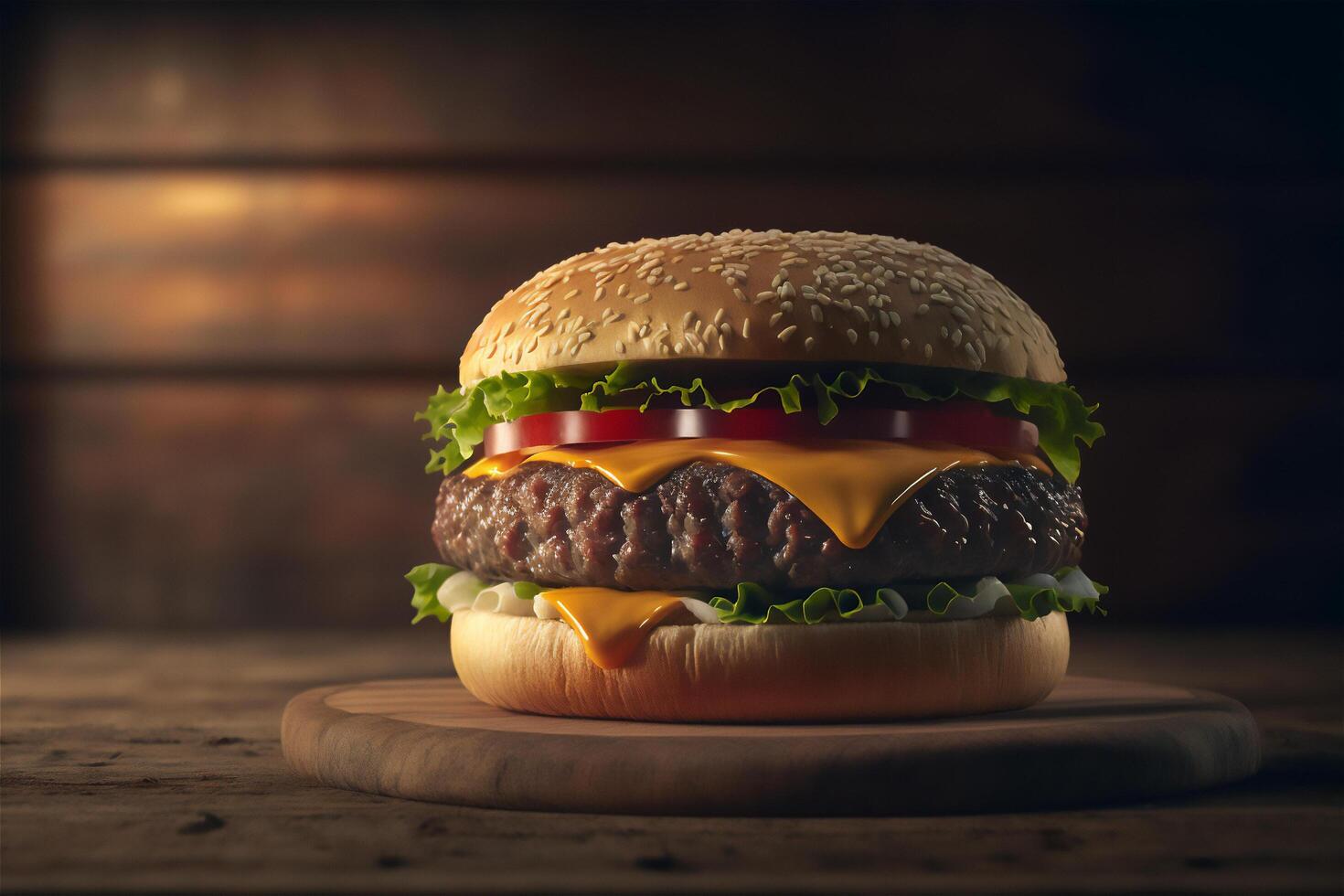 smakelijk eigengemaakt Hamburger Aan rustiek houten tafel. kopiëren ruimte. reclame. ai gegenereerd. snel voedsel tussendoortje foto