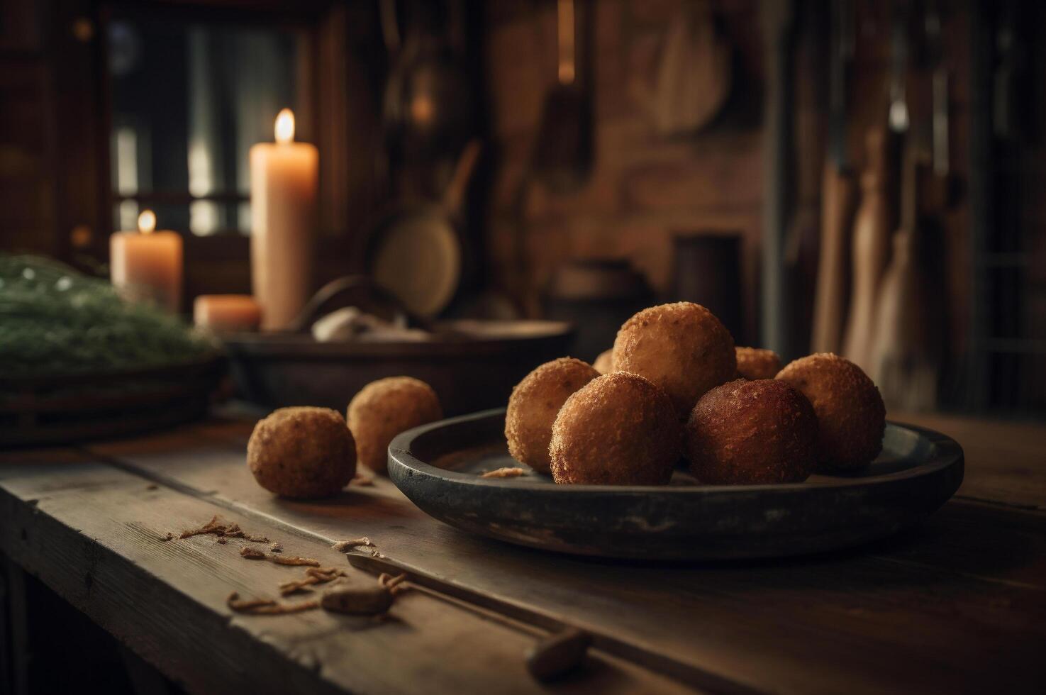 heerlijk eigengemaakt kroketten Aan houten tafel in rustiek keuken achtergrond. ai gegenereerd foto