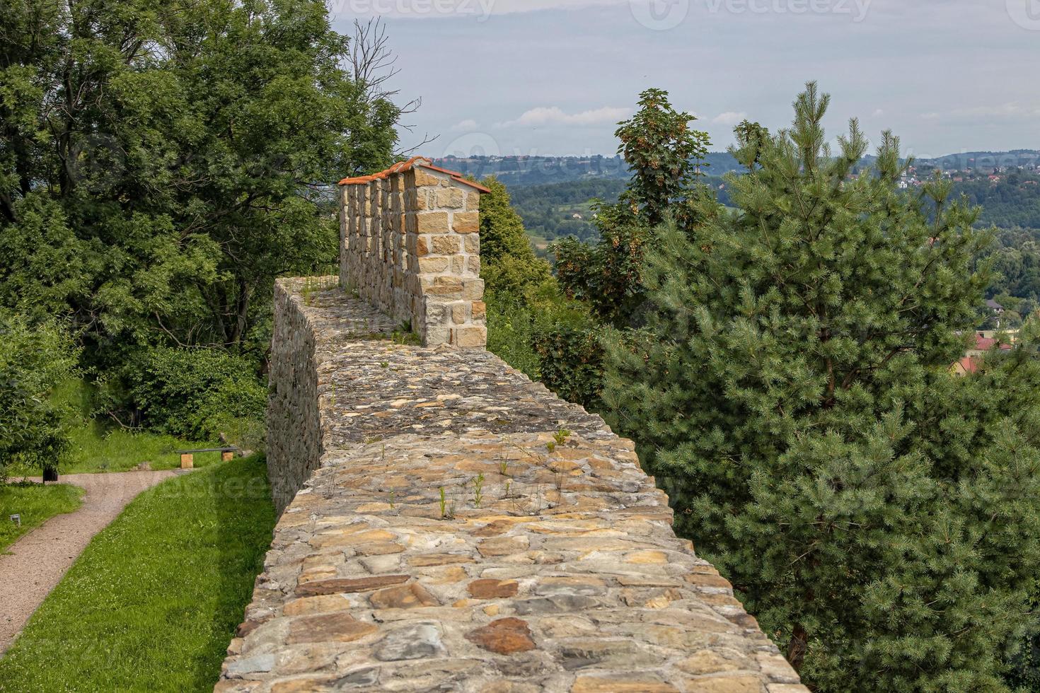 historisch defensief muur van een steen kasteel in Polen in dobczyce Aan een zomer dag met uitzicht de meer foto