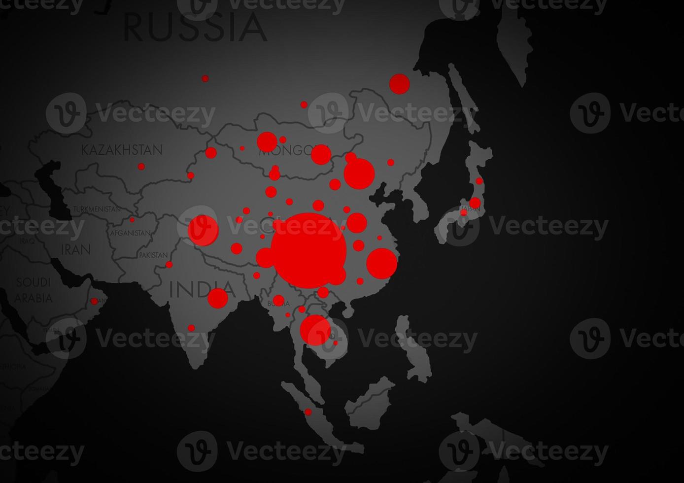 coronavirus Bij wuhan China. de rood kaart van China Aan wereld kaart met dots foto