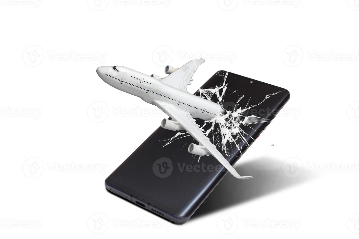 vlak vliegt uit van de smartphone toezicht houden op Aan een wit achtergrond foto