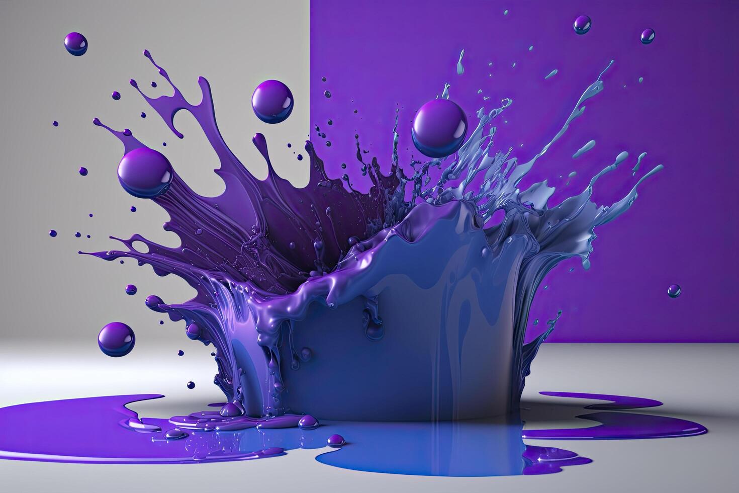 3d vloeistof borstel slagen. explosie van blauw en Purper verf druppelt. generatief ai. foto