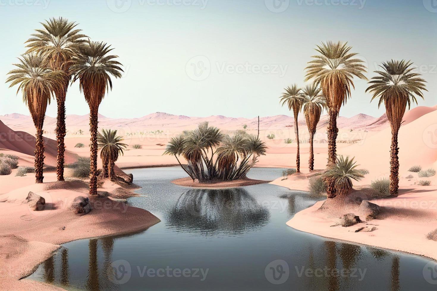 woestijn oase achtergrond. heet duinen met palm bomen, illustratie ai foto