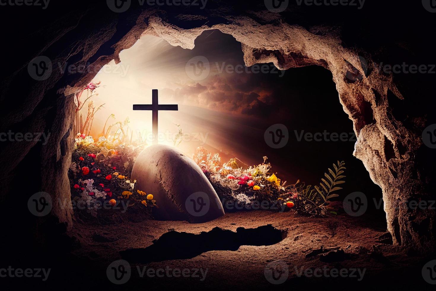 de grot is Open en Daar zijn drie kruisen Aan de heuvel. de feest van de opstanding van Jezus Christus ai foto
