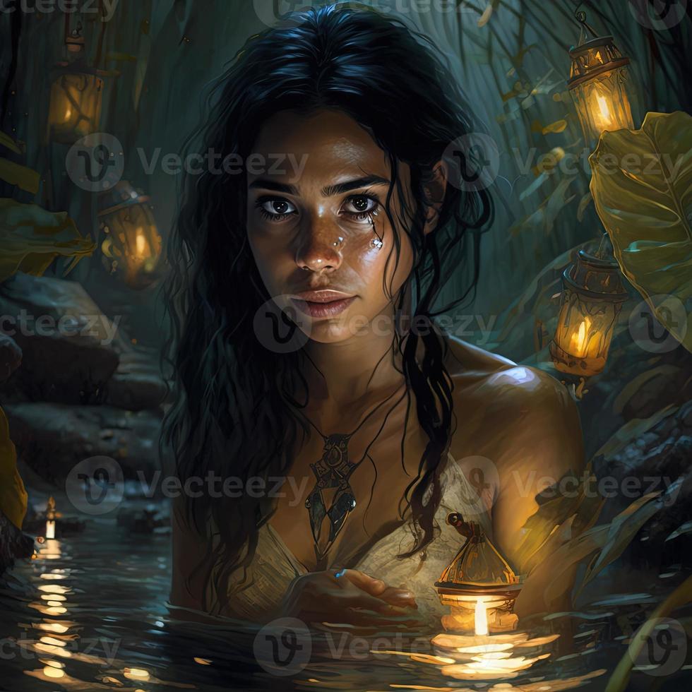 jong latina vrouw in klein water foto