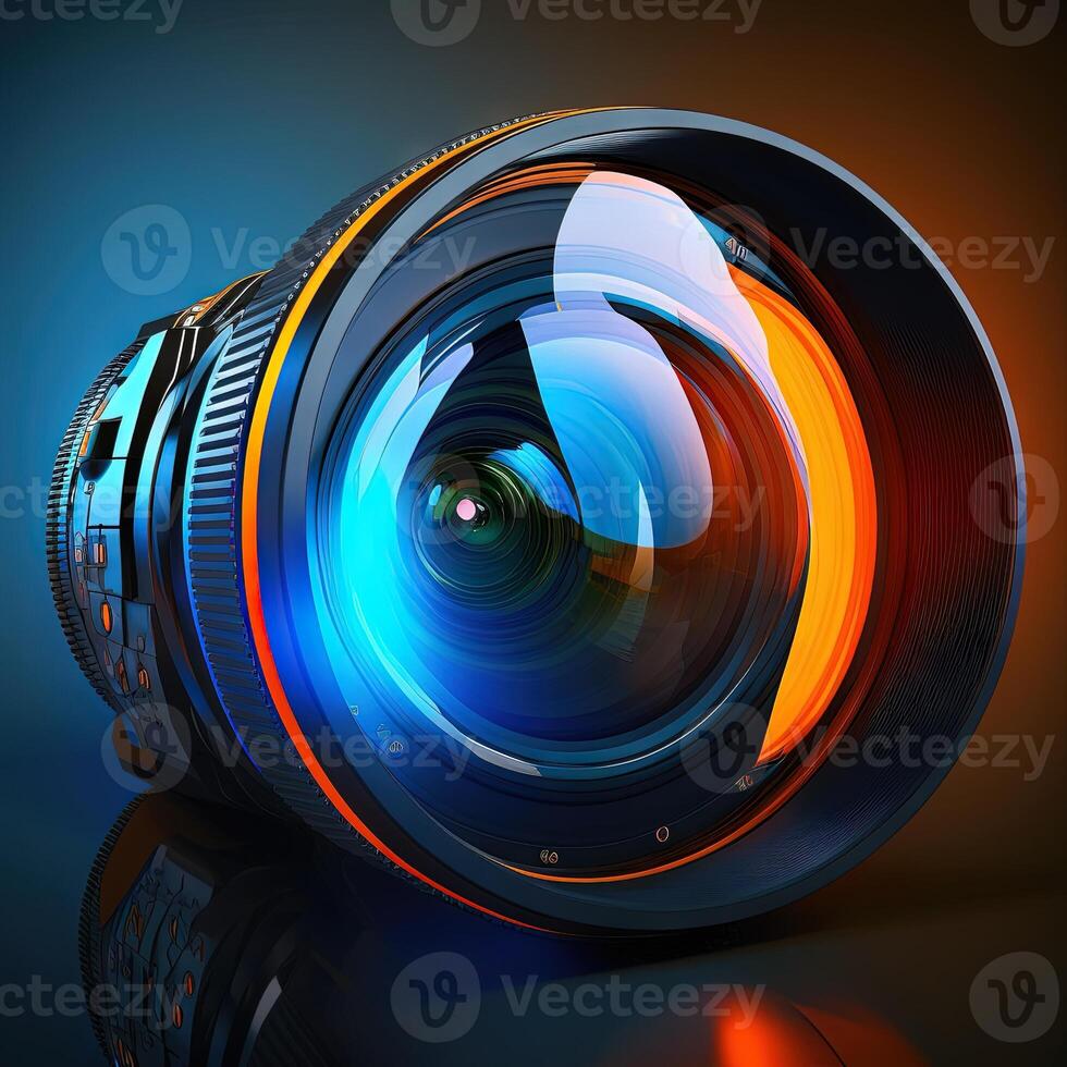 video camera lens lit door blauw en oranje kleur gepolijst lens generatief ai foto
