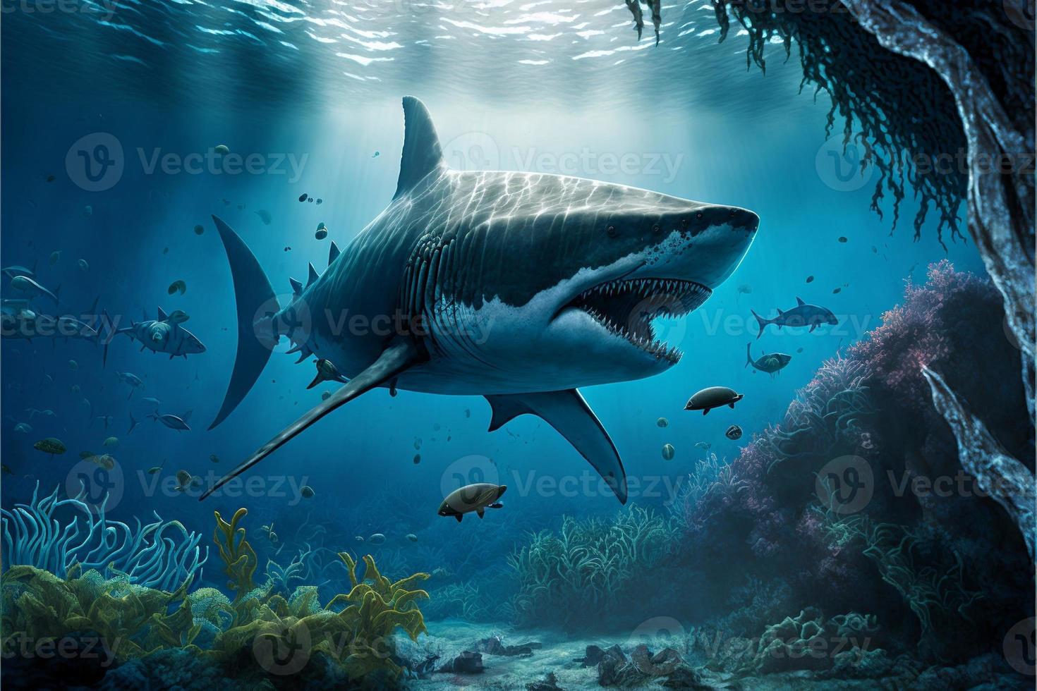 megalodon haai onder de oceaan, koralen en vis, marinier leven. digitaal illustratie. ai foto