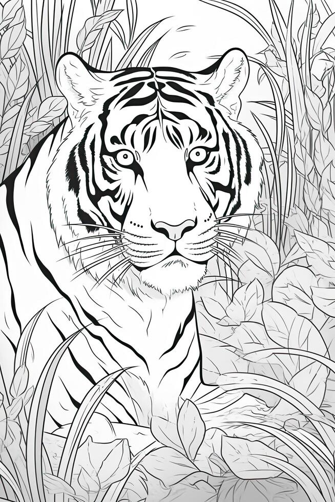 kleur boek bladzijde. tekenfilm dieren voor kinderen, tijger. generatief ai foto