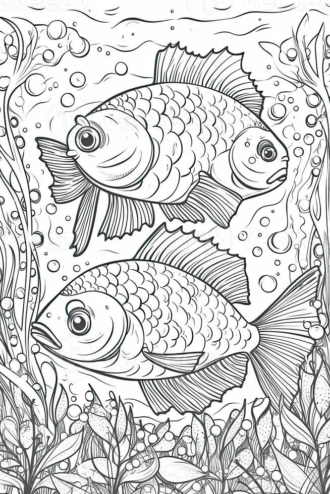 schattig vis kleur bladzijde voor kinderen. zwart en wit. generatief ai foto