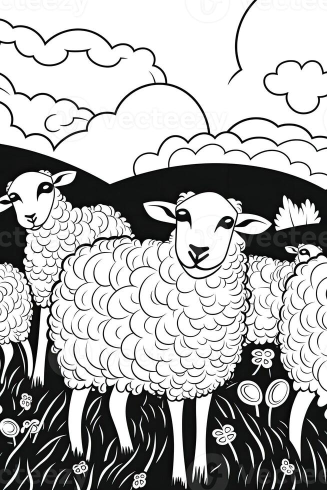 kleur boek bladzijde voor kinderen. schapen geïsoleerd Aan wit achtergrond. zwart en wit. generatief ai foto