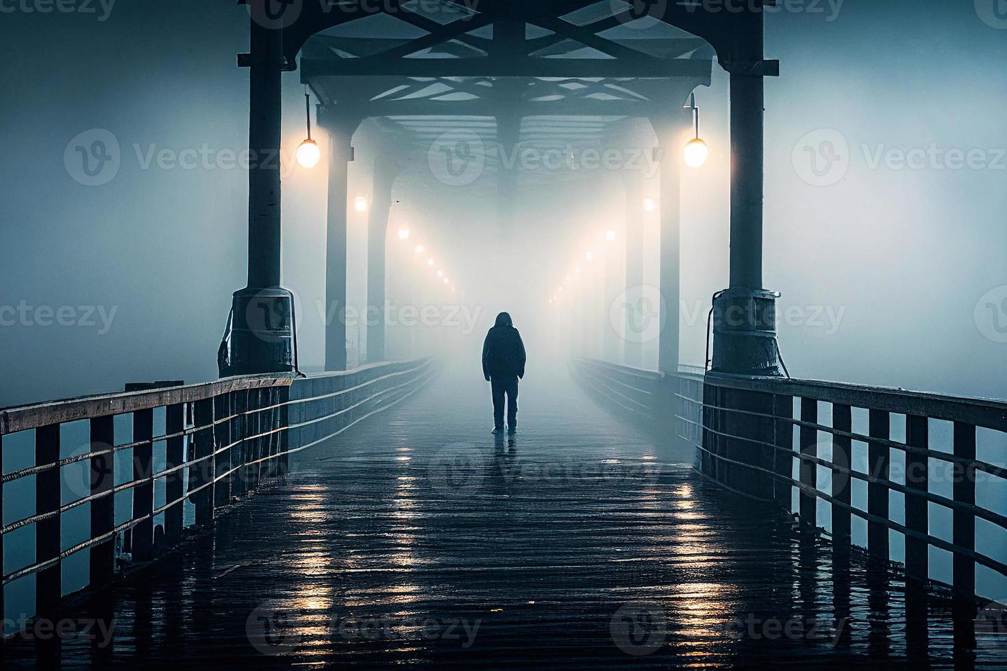 een verkoudheid ochtend, een persoon gaat over- de brug, wanhoop ai foto