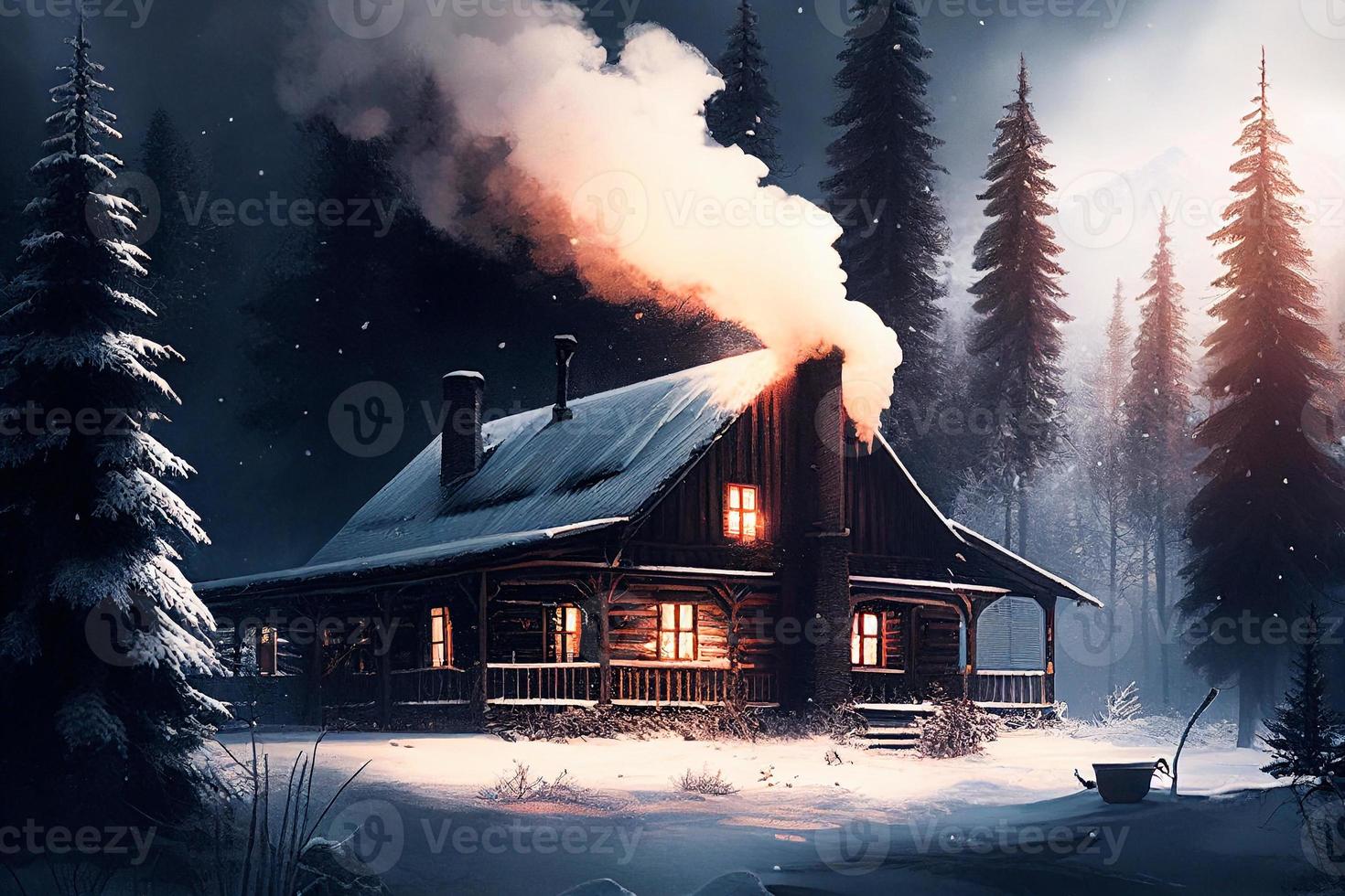 nacht winter landschap met huis en Woud achtergrond. ai foto