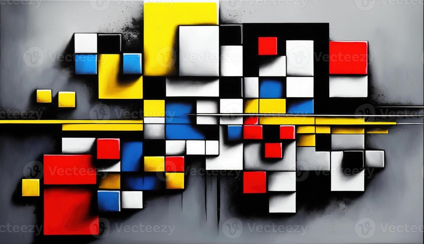 generatief ai, kubistisch geschilderd abstract kleurrijk rechthoeken in Mondriaan stijl achtergrond. modieus meetkundig ontwerp. foto