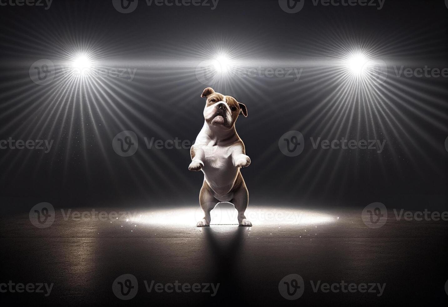 grappig mopshond hond dansen in studio met lichten en schijnwerpers generatief ai foto