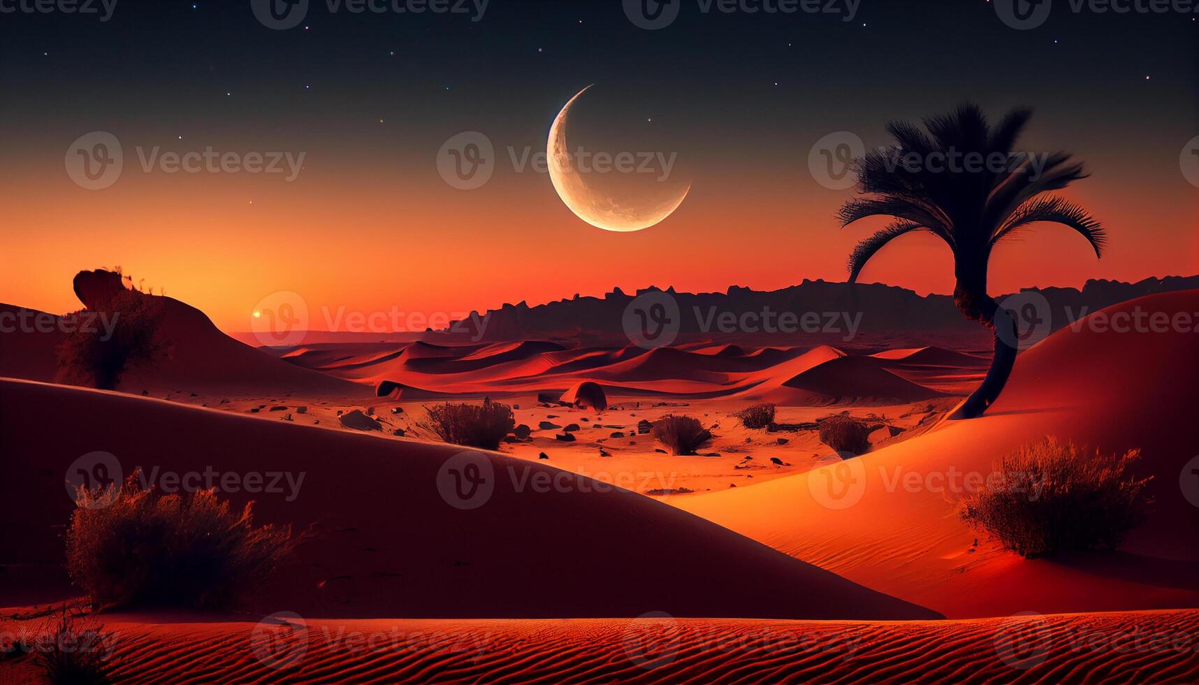 verticaal woestijn landschap met zand duinen met halve maan maan en ster Bij donker nacht ai gegenereerd beeld foto