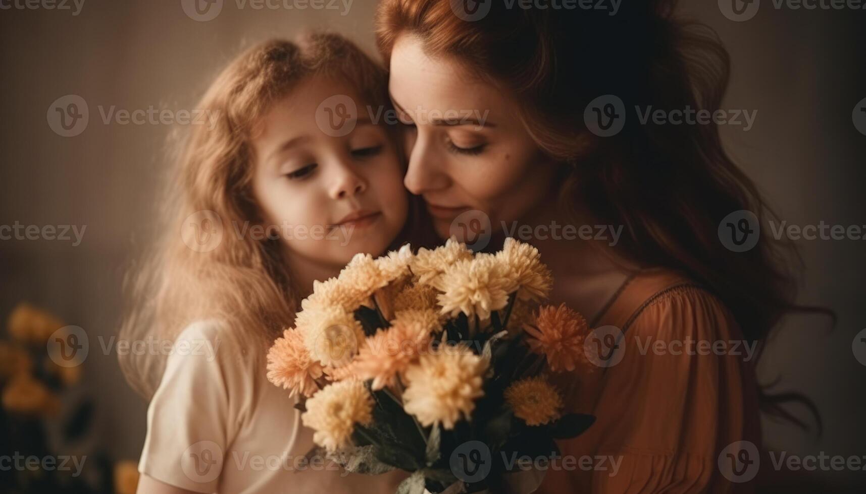 weinig meisje Holding bloemen, knuffelen haar moeder en vieren moeder dag. generatief ai foto