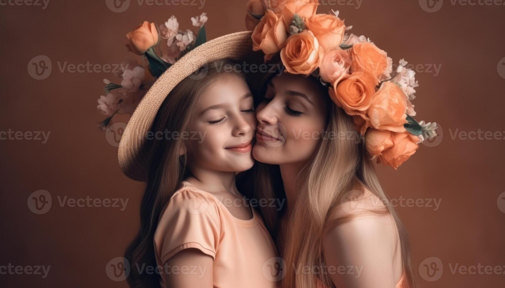 weinig meisje Holding bloemen, knuffelen haar moeder en vieren moeder dag. generatief ai foto