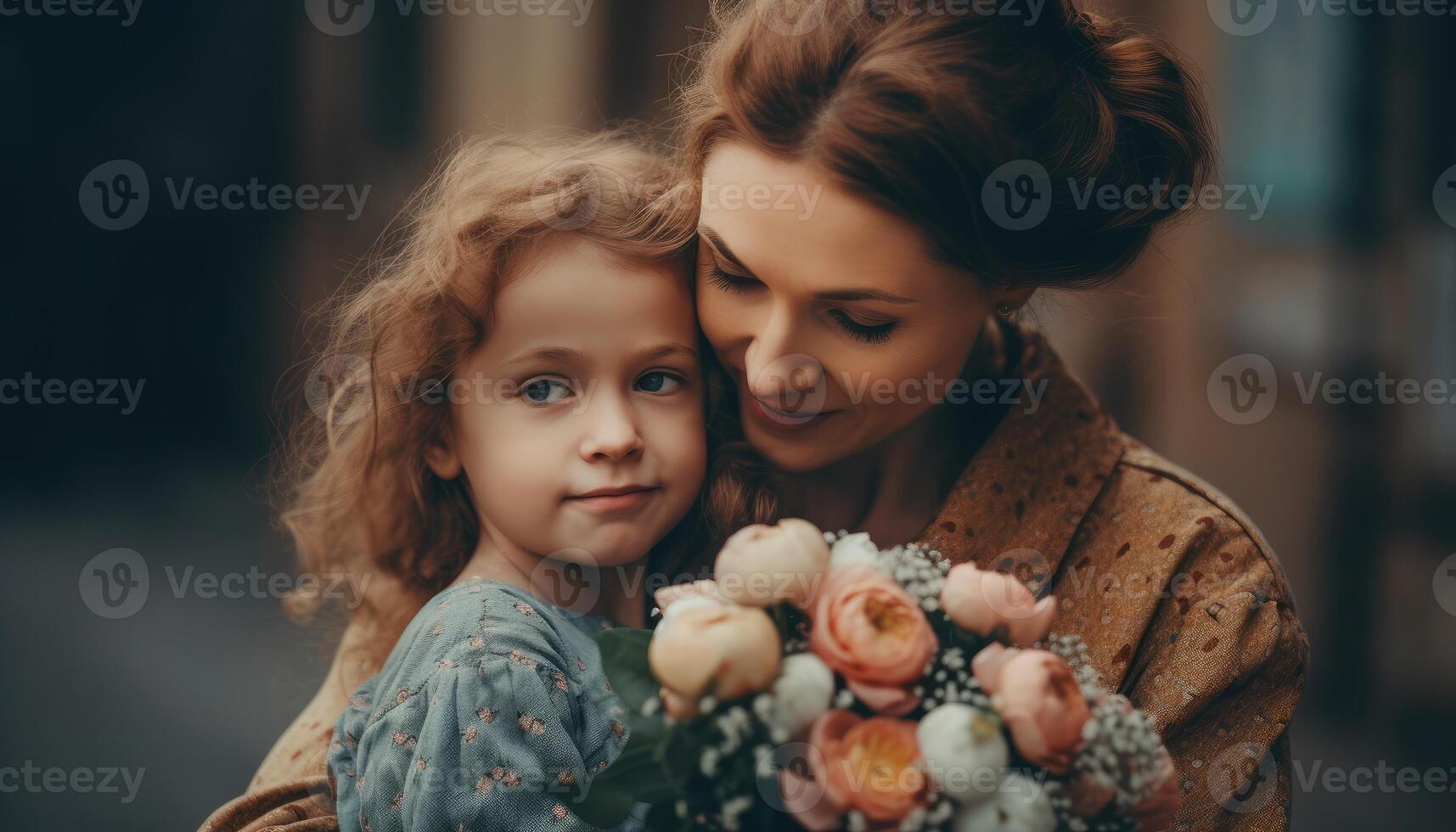 weinig meisje Holding bloemen, knuffelen haar moeder en vieren moeder dag. generatief ai foto